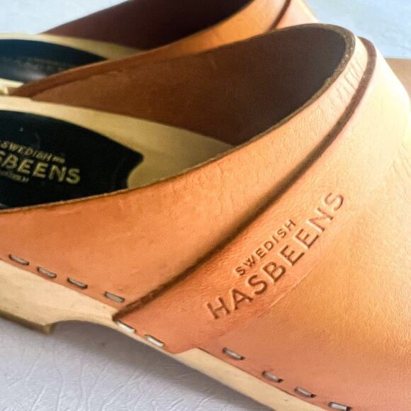Swedish Hasbeens Tan Leather Closed Toe Slip On Wooden Husband Mule Clogs Sz 36 - Picture 8 of 11